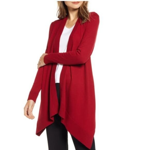 ANNE KLEIN Pointelle Trim Waterfall Cardigan In Titian Red - Picture 2 of 7